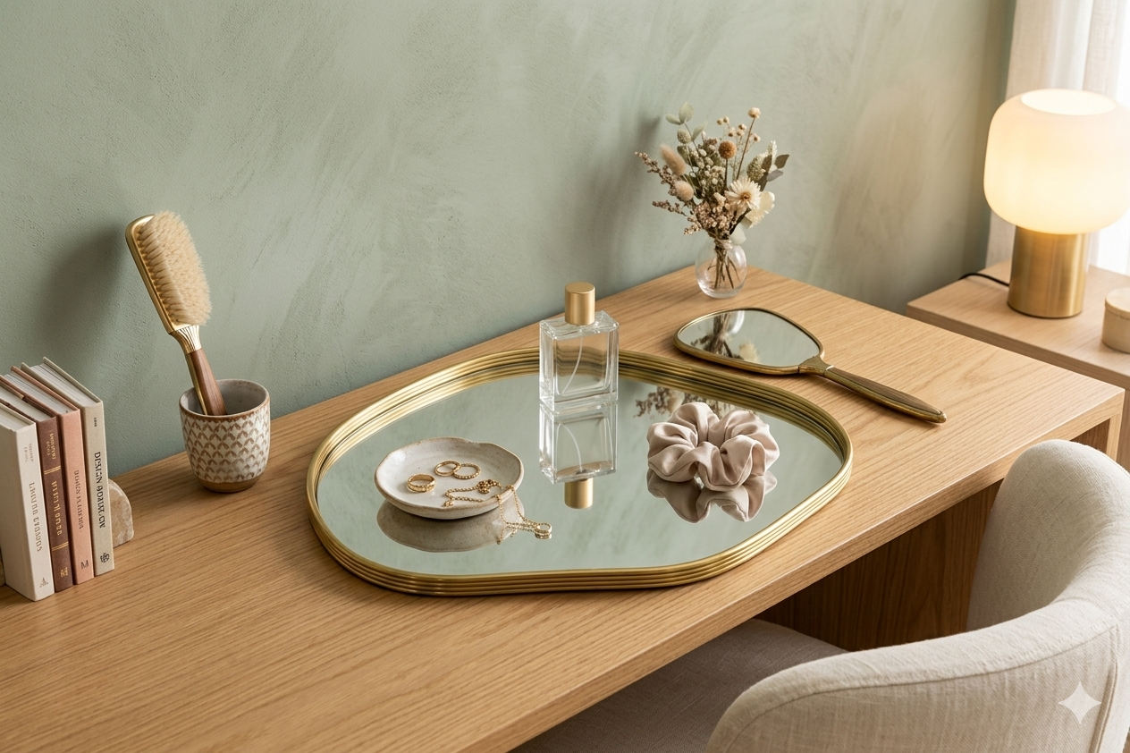 Bandeja dorada de espejo con forma ovalada