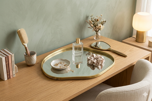 Bandeja dorada de espejo con forma ovalada