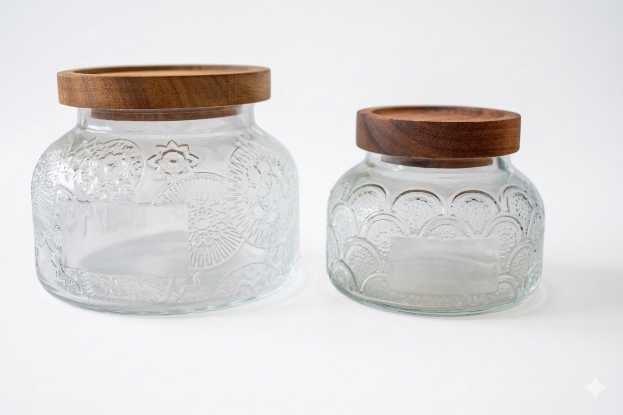 Botes de cristal con tapa de madera