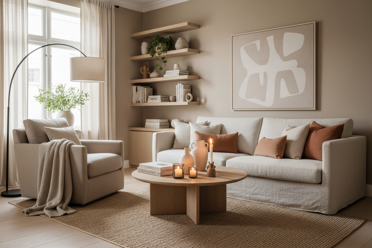 Salón acogedor con luz natural, textiles suaves y decoración en tonos neutros